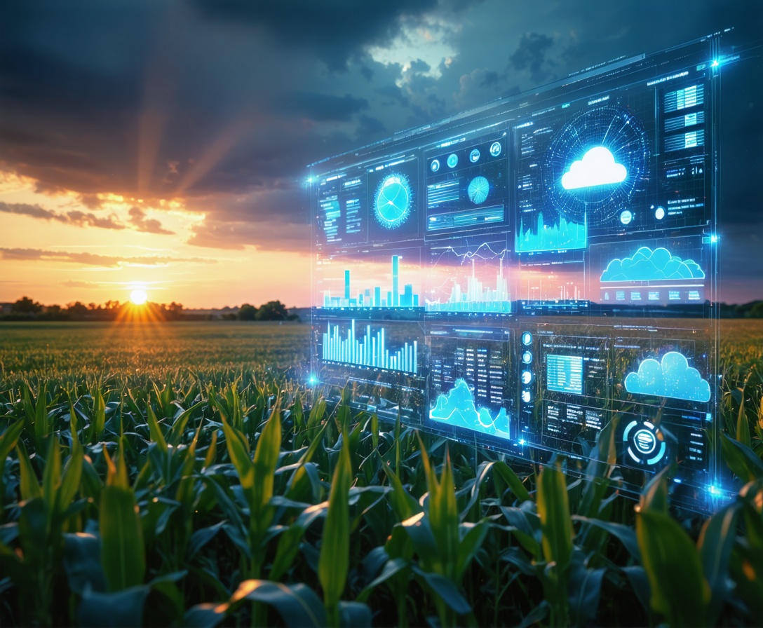 Вид на кукурузное поле на закате с наложенными цифровыми данными
