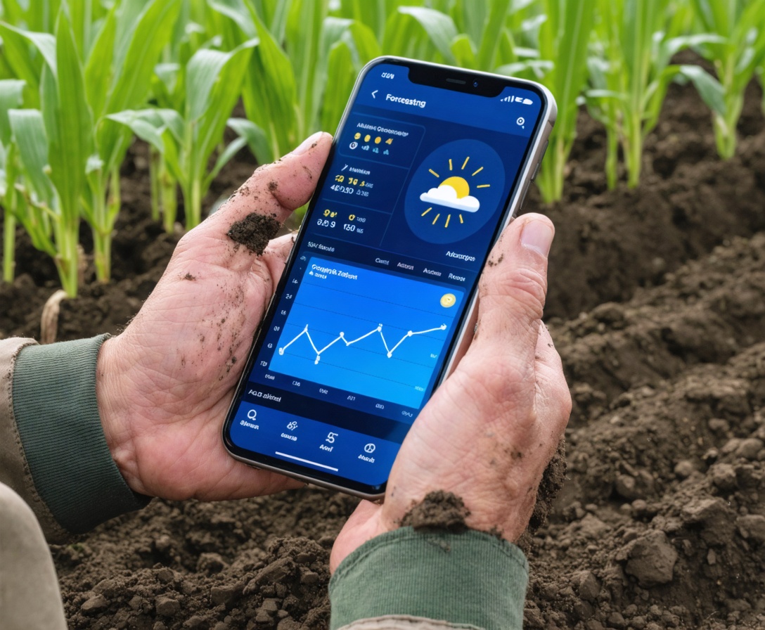 Фермер держит смартфон с прогнозом погоды